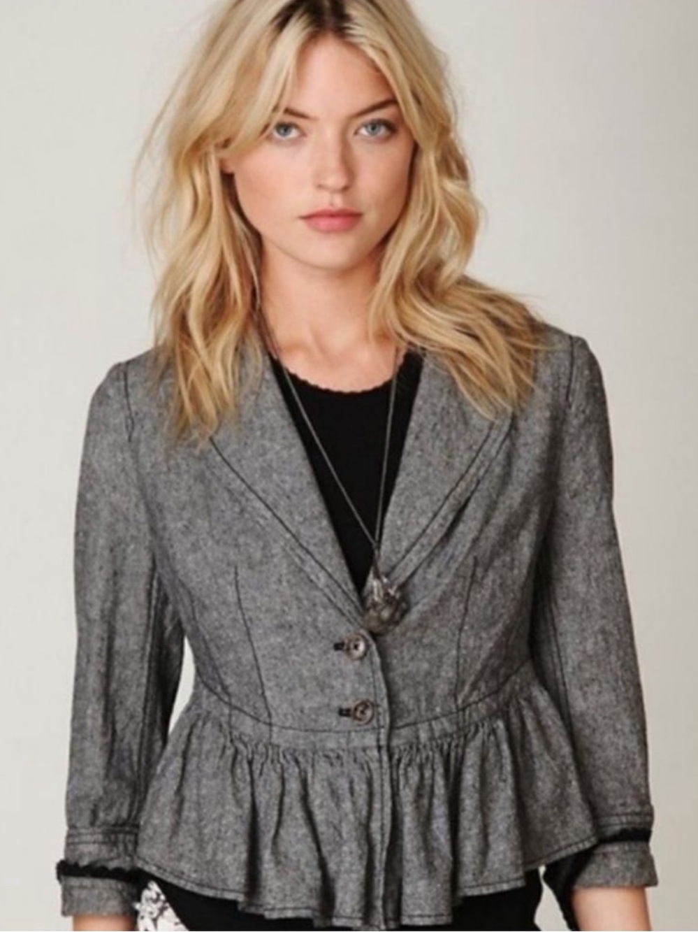 FREE PEOPLE M Ruffled Peplum Jacket Gray Denim Chambray